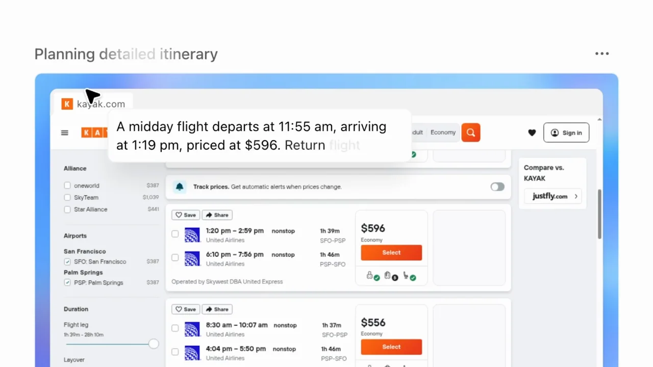 A travel search page appears with an action overlay.