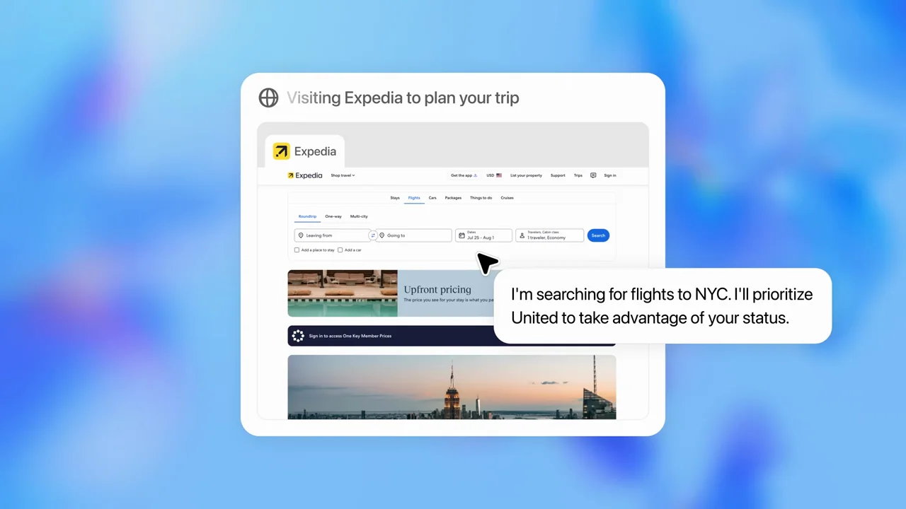A travel homepage appears inside the task window with an action annotation.
