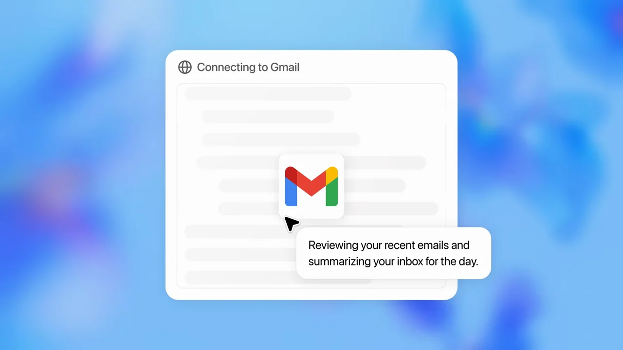 A mail-service icon, skeleton rows, and an explanatory bubble fill the card.