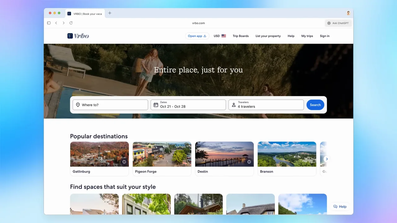 A lodging website fills the framed browser.