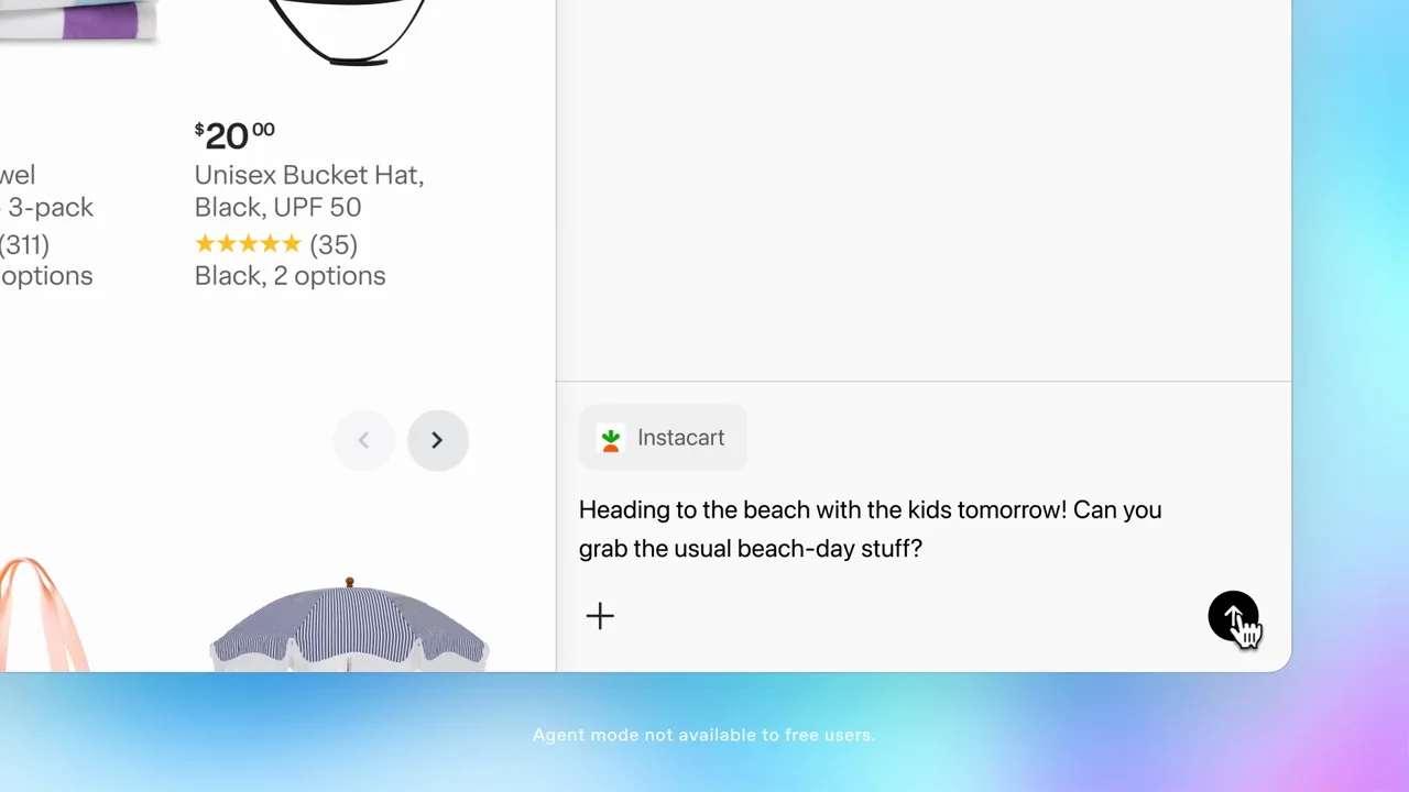 A shopping request is typed beside a store page.