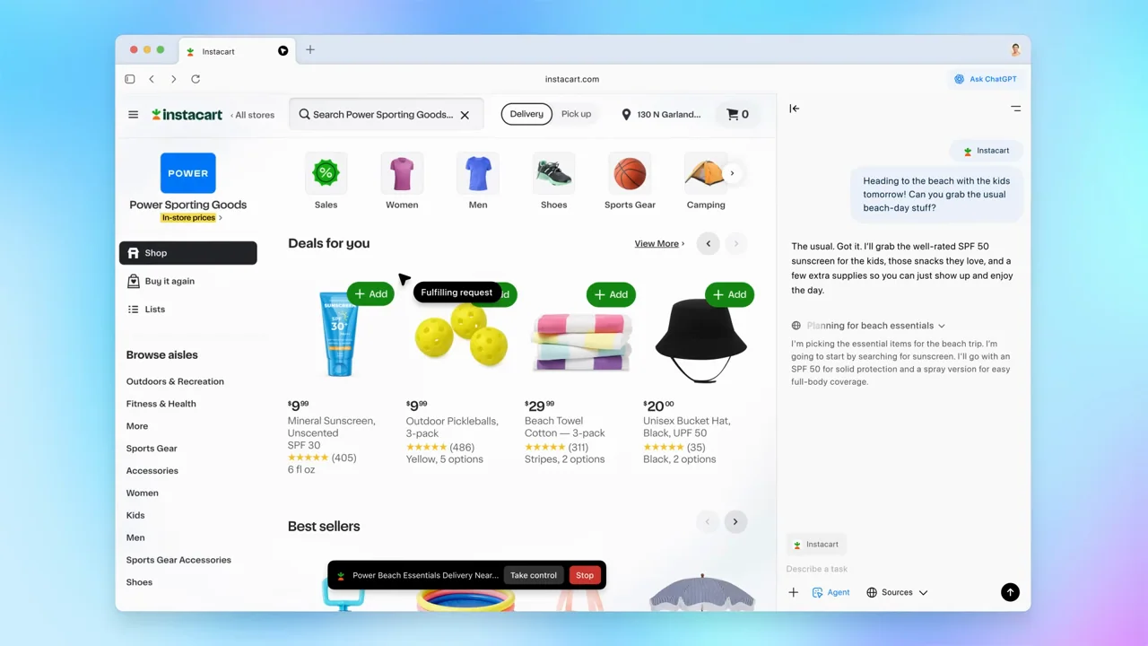The full browser shows the shopping task underway.
