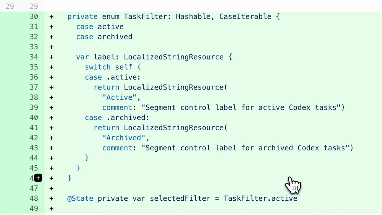 A highlighted diff and an editor show a task-related code change.