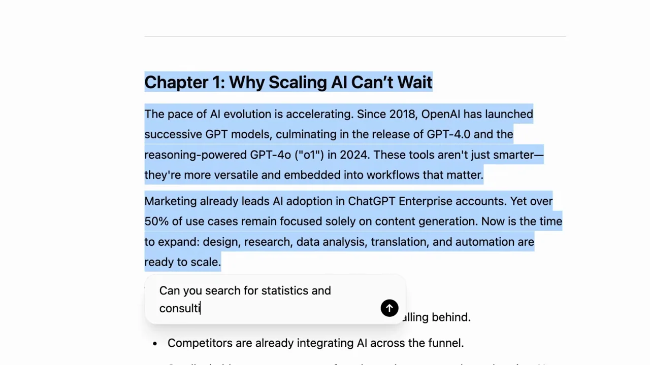 A paragraph is selected and a contextual request appears beneath it.