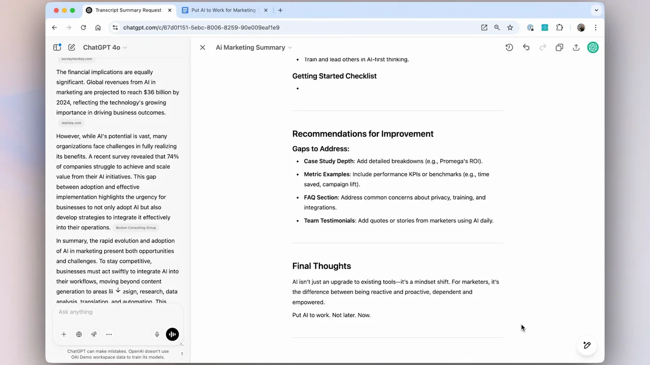 Source cards remain in the conversation beside the updated document, followed by its closing section.