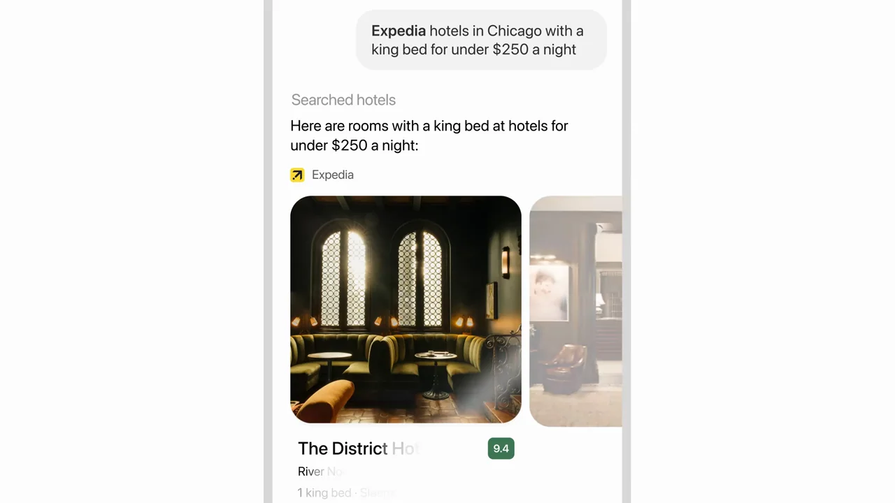 A hotel request leads to a property card.