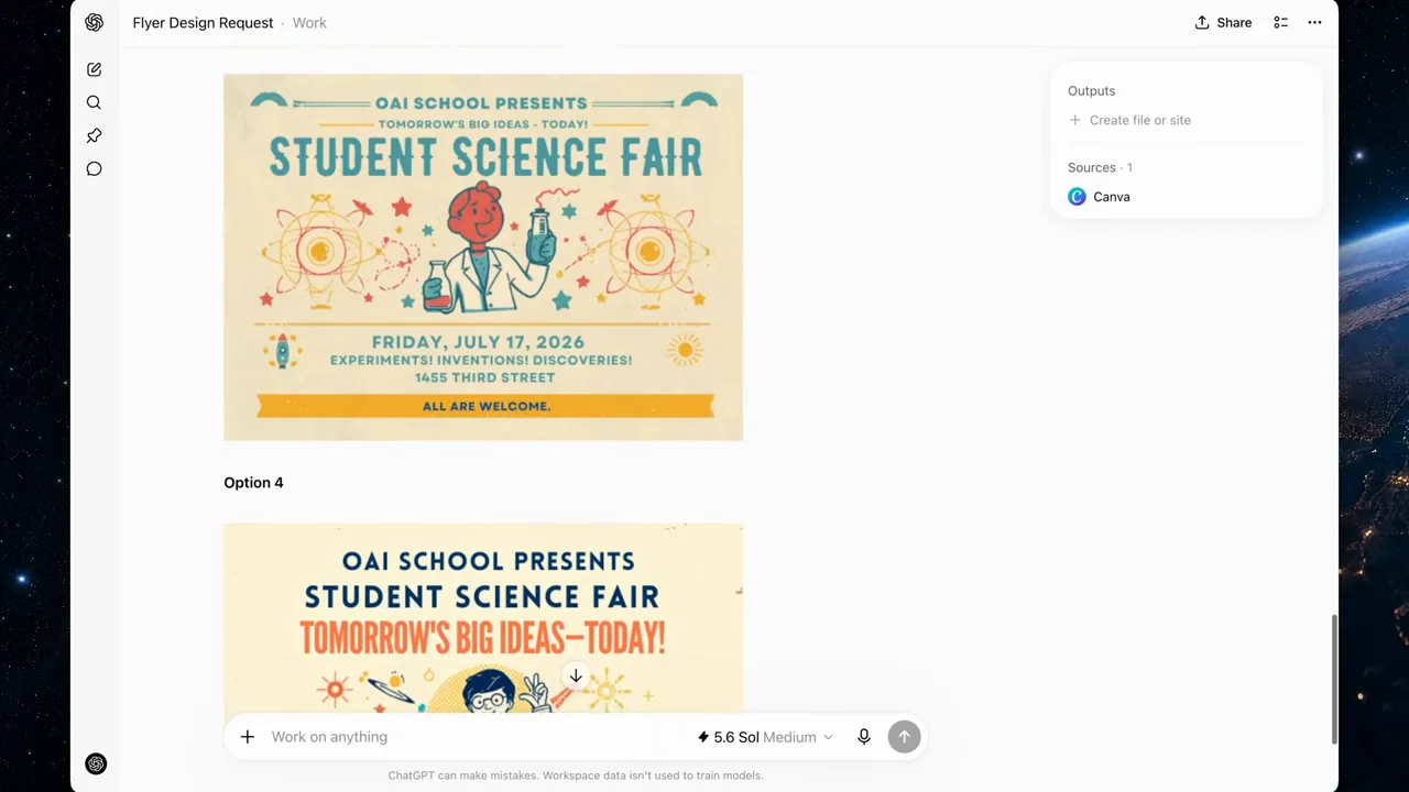 Several school-event flyer designs appear in the conversation.