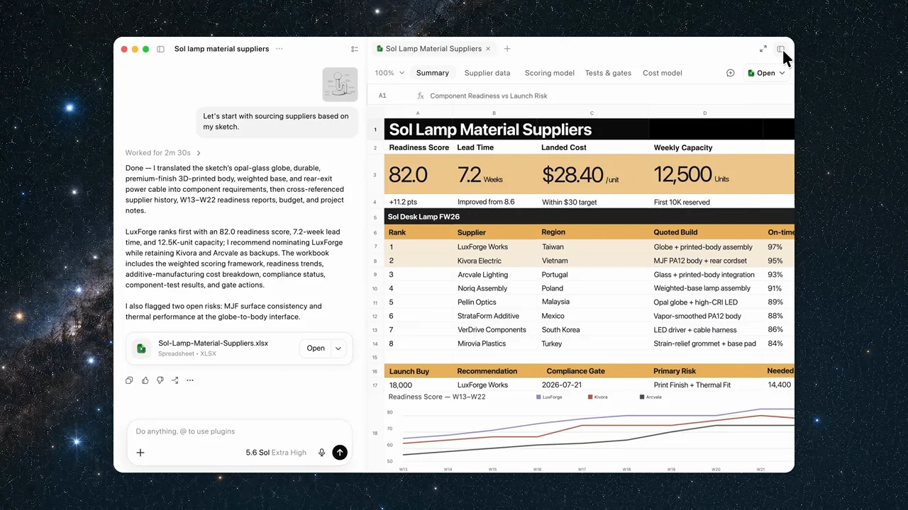 A spreadsheet opens beside the conversation.
