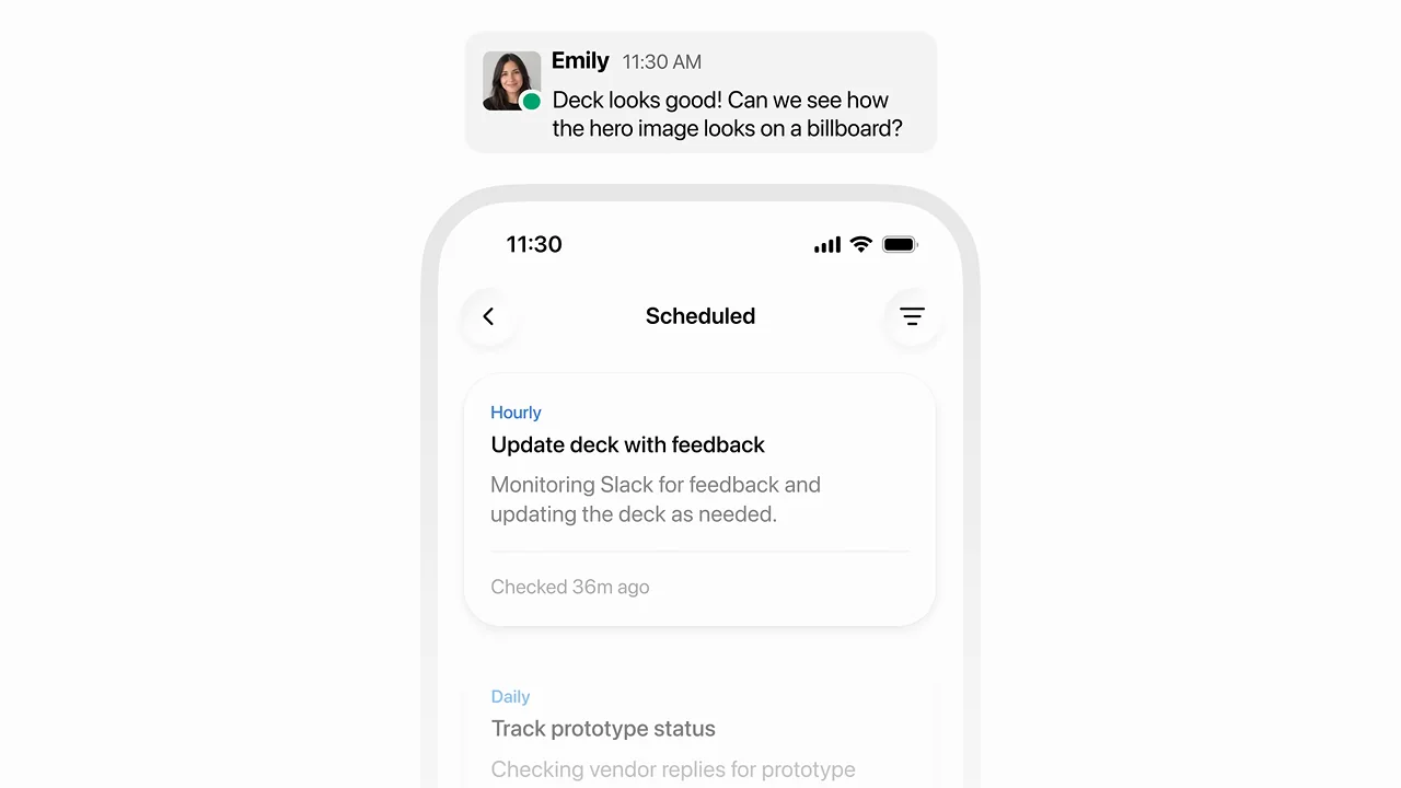 The phone displays scheduled work and a feedback notification.