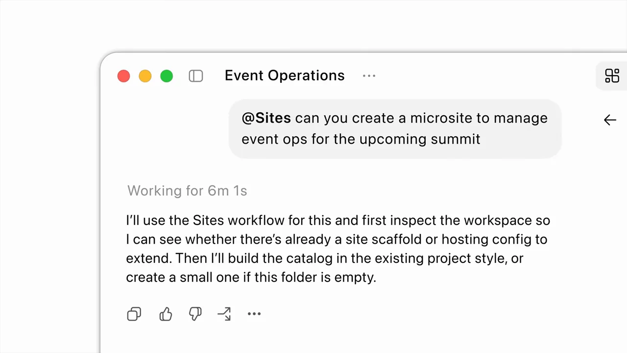 A Sites request and task response appear in a cropped conversation.