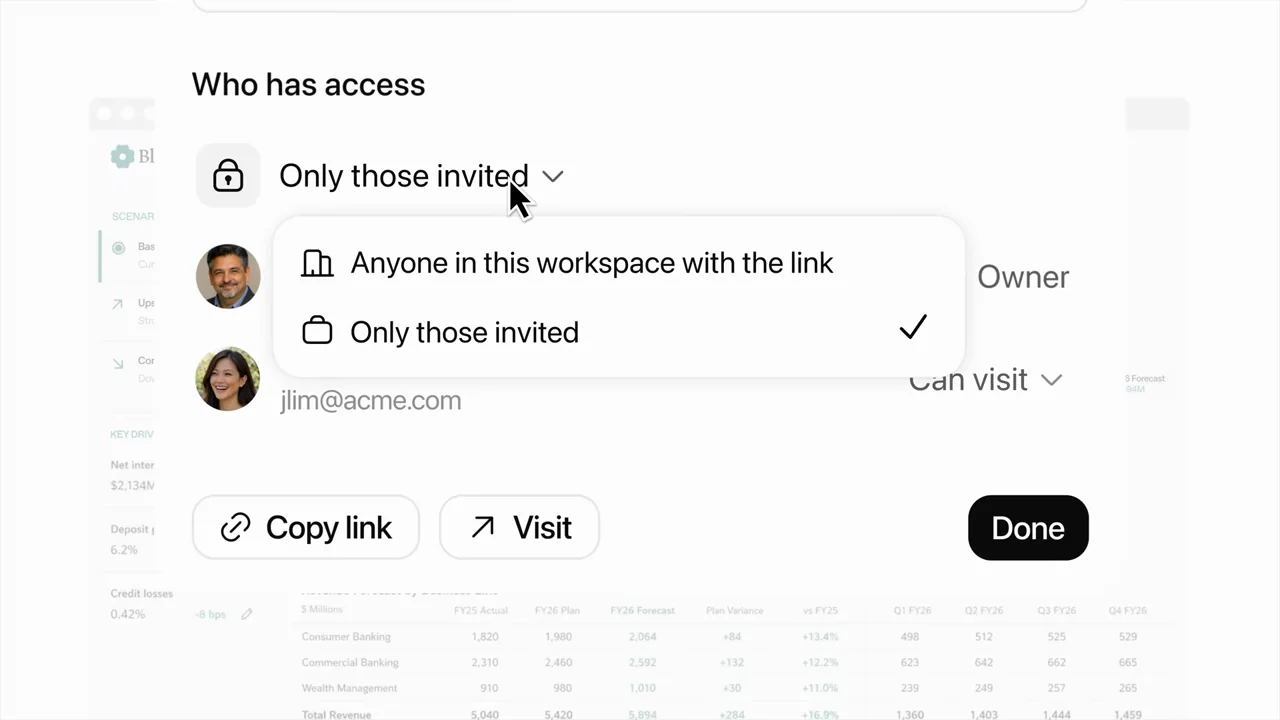 The access dropdown exposes workspace and invited-person options.