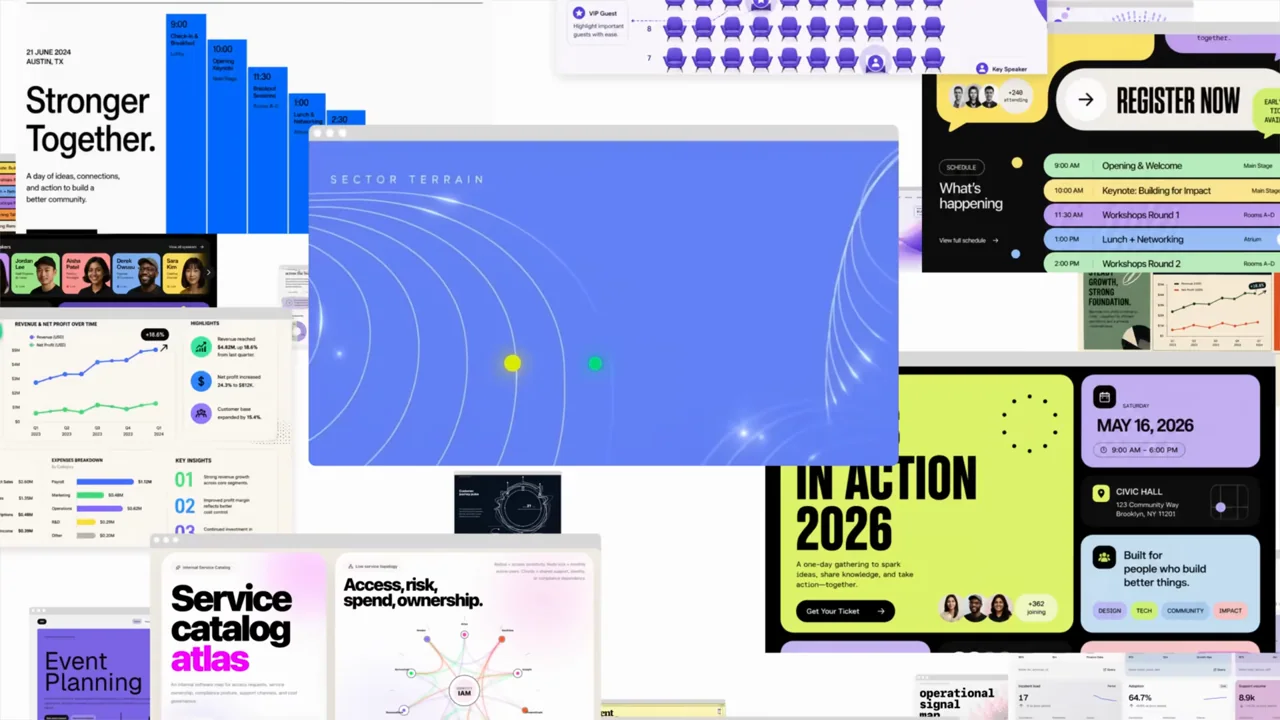 A dense collage moves among varied app and page designs.