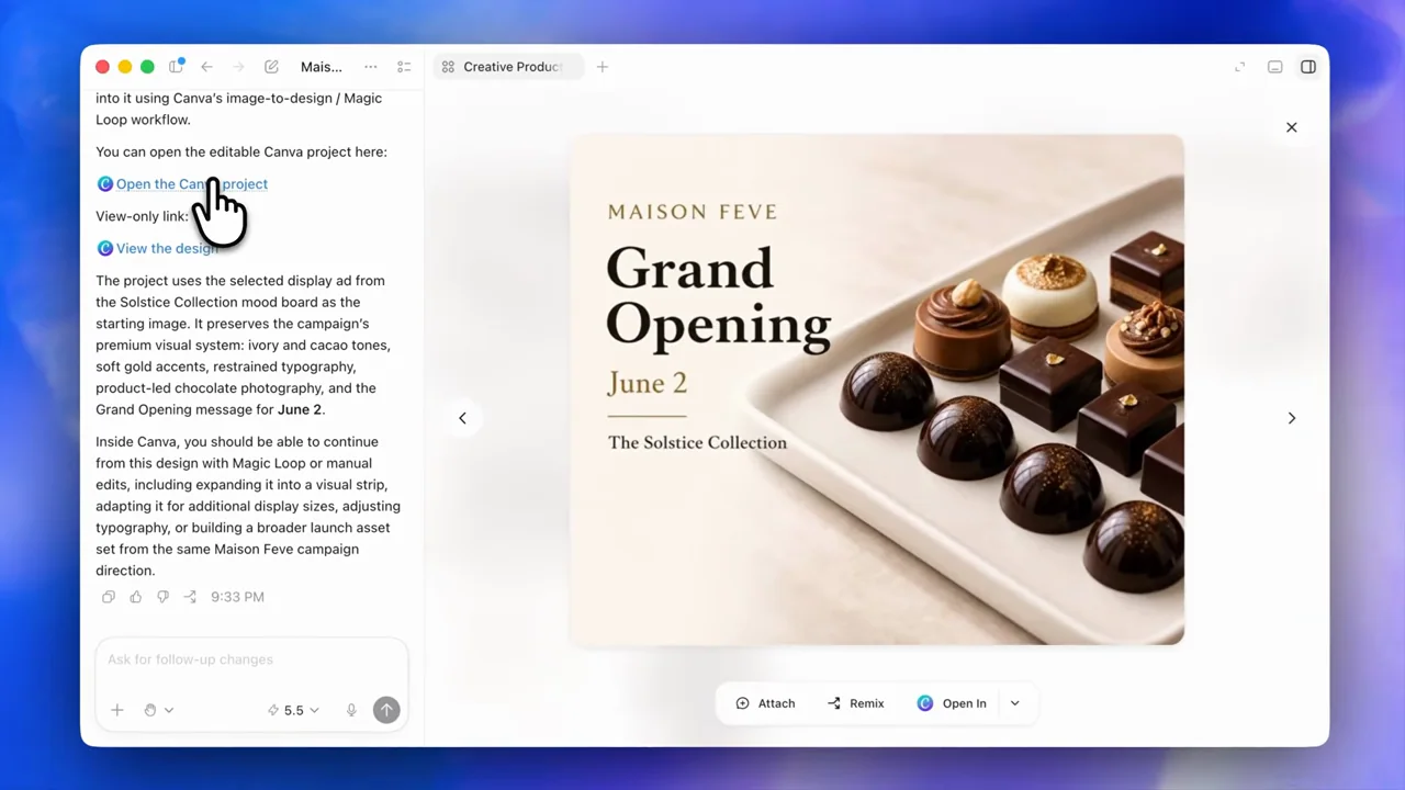 A response provides a link to an editable design.
