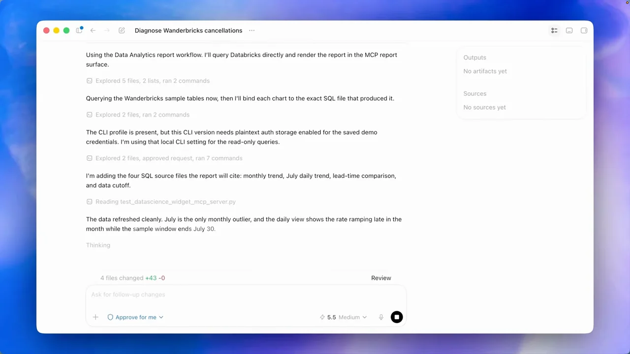 The response shows query work and a report summary.