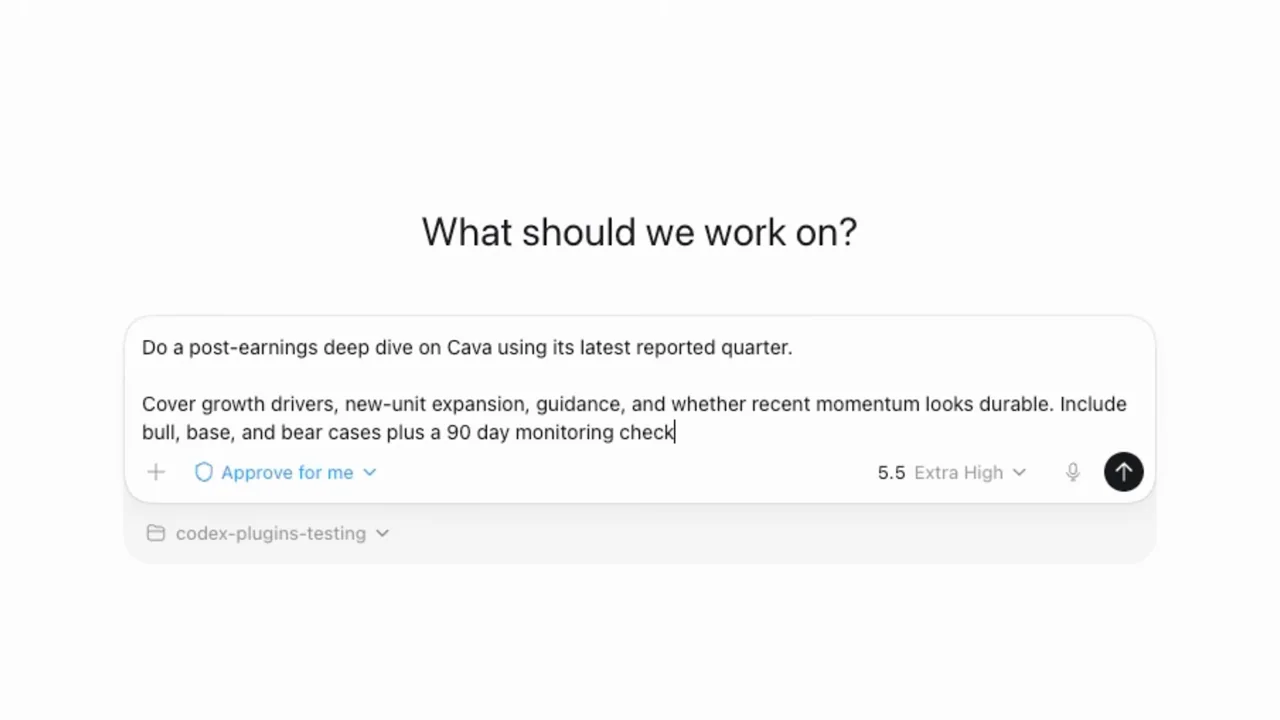 A detailed earnings-analysis prompt is entered with a selected workflow.