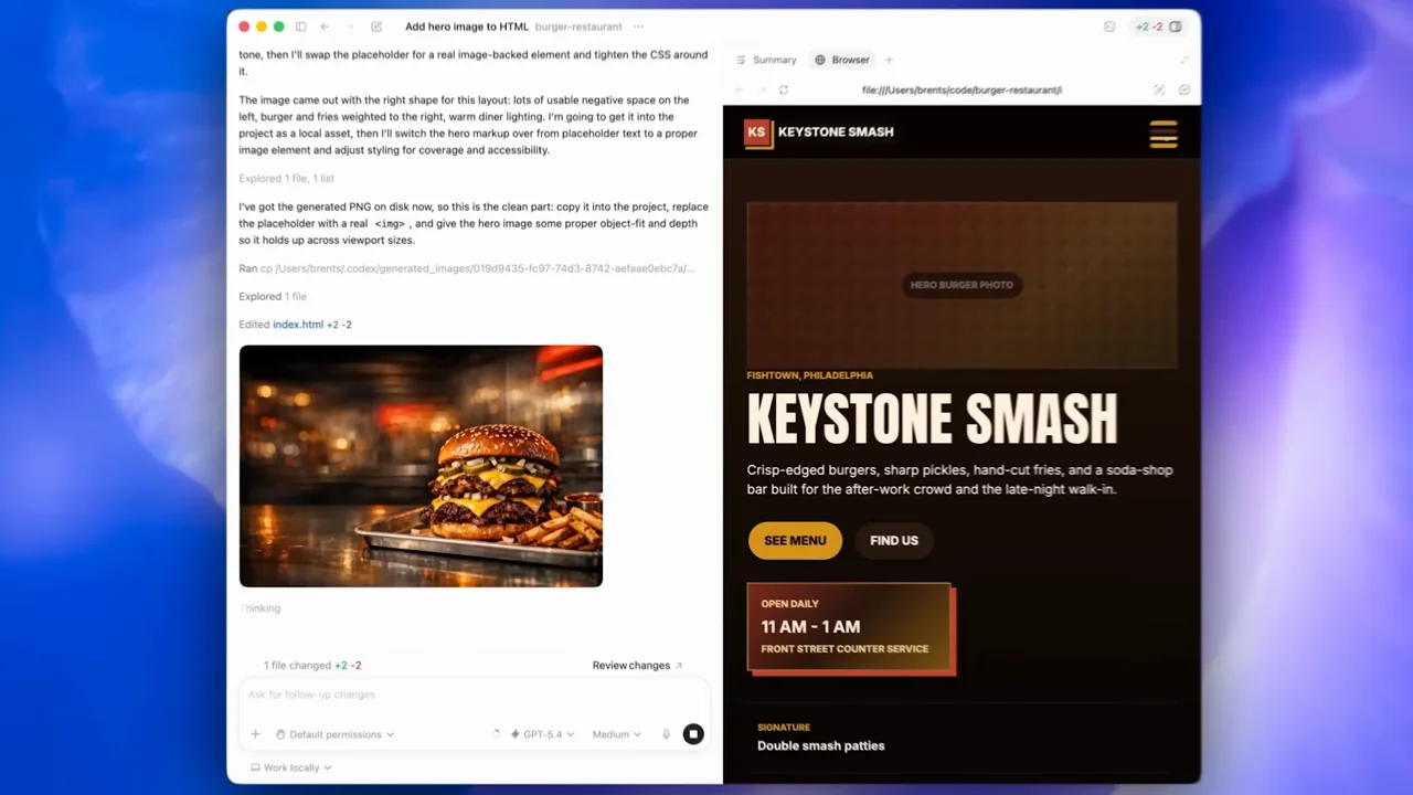 A statement and prompt lead to an image and restaurant-site preview.