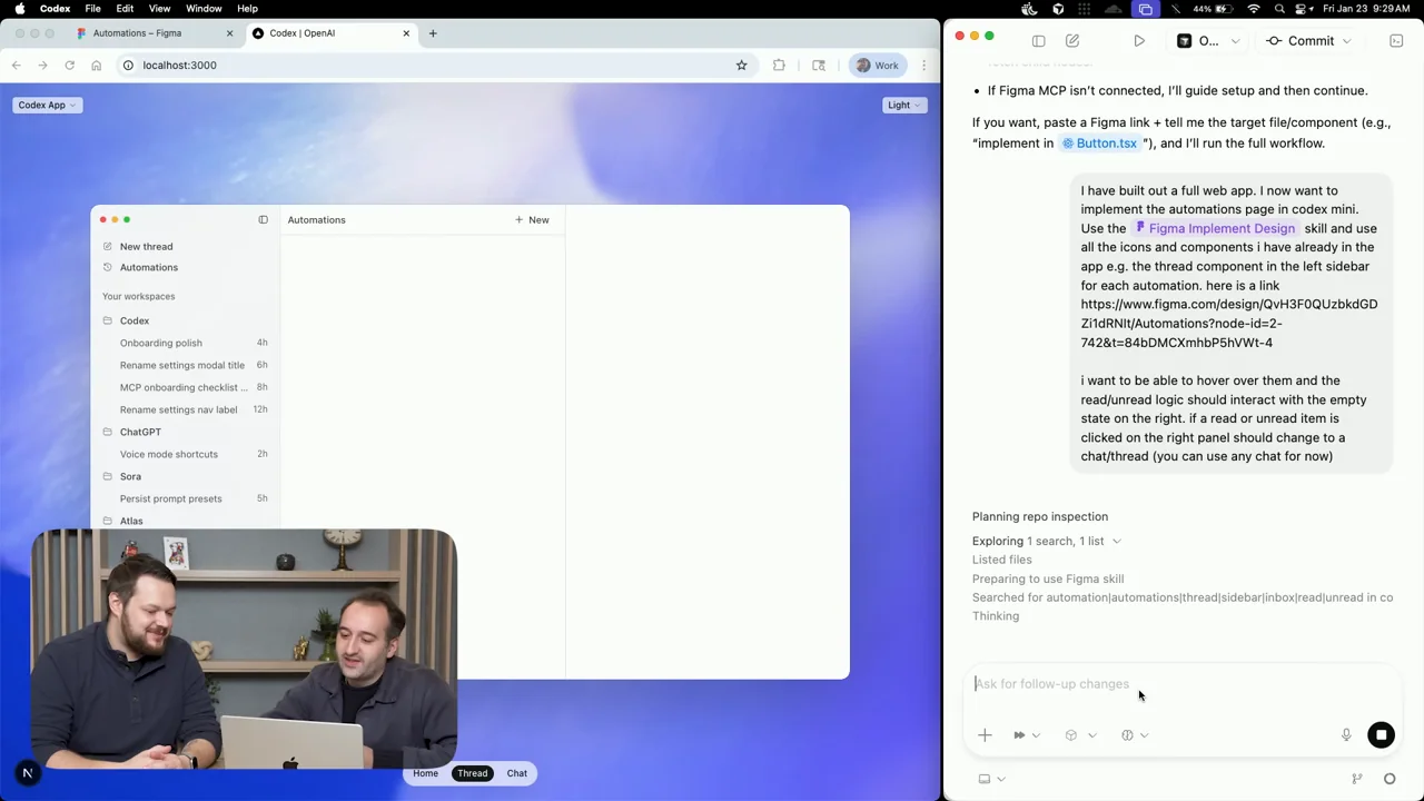 A browser surface loads the recreated interface beside the conversation.