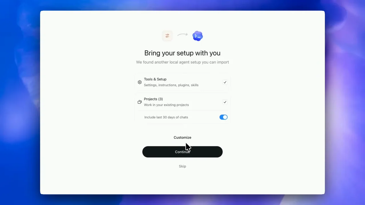 Import options and a toggle sit above Continue.