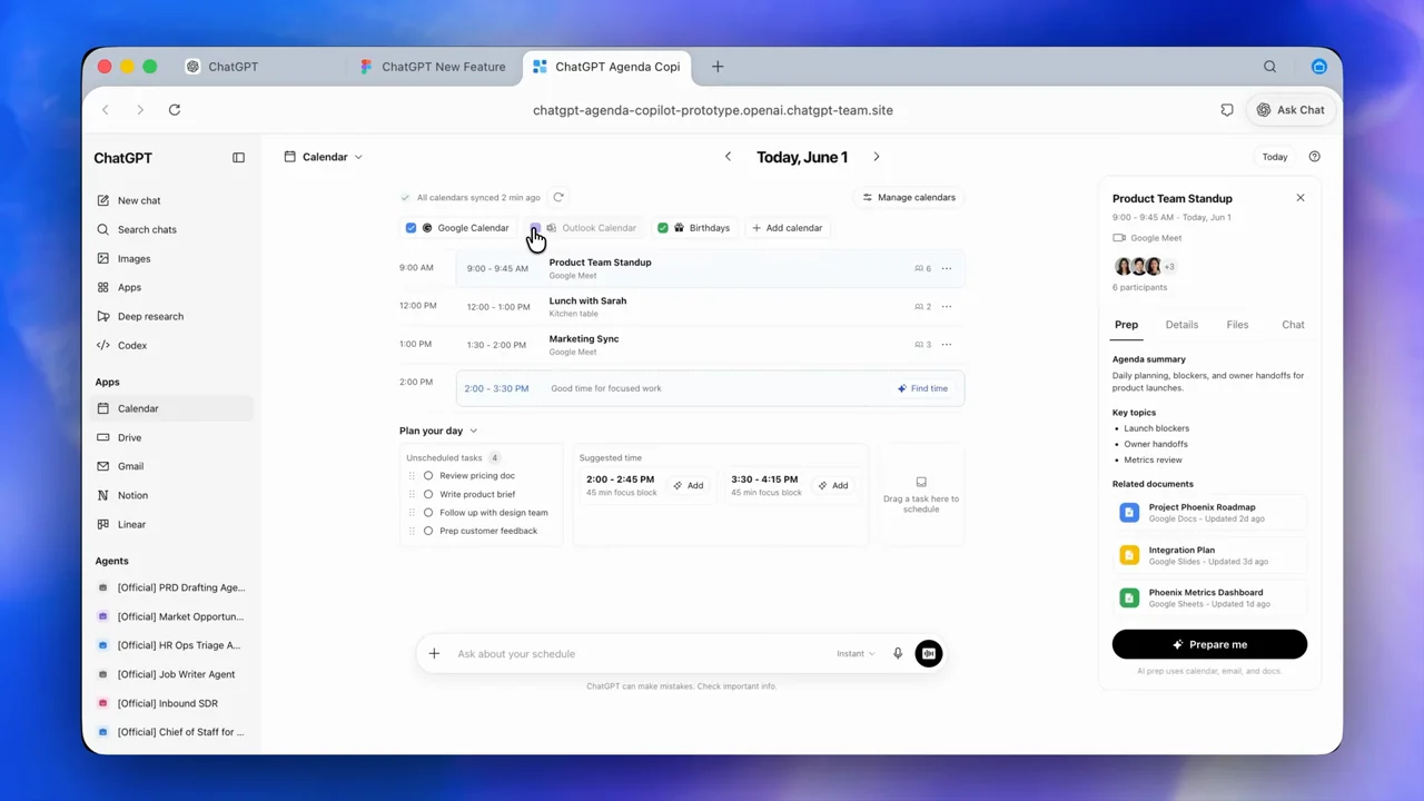 The calendar opens as a browser page and an event is selected.
