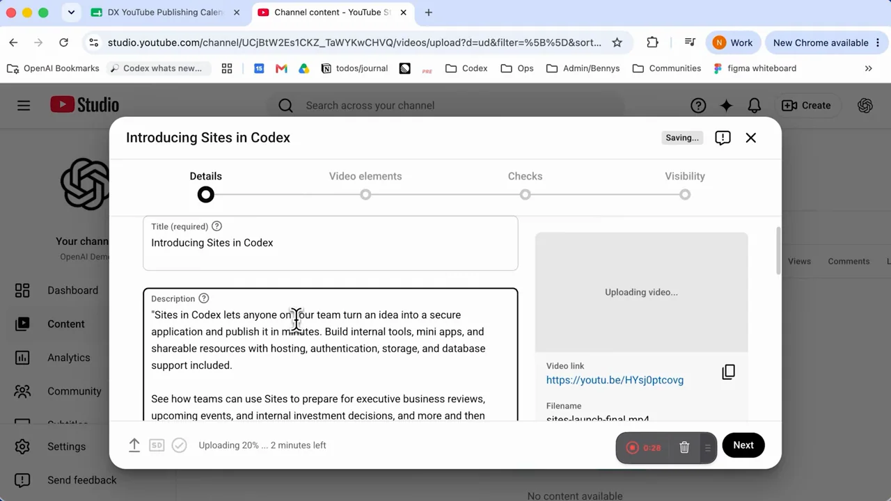 Title and description fields are populated in the upload dialog.