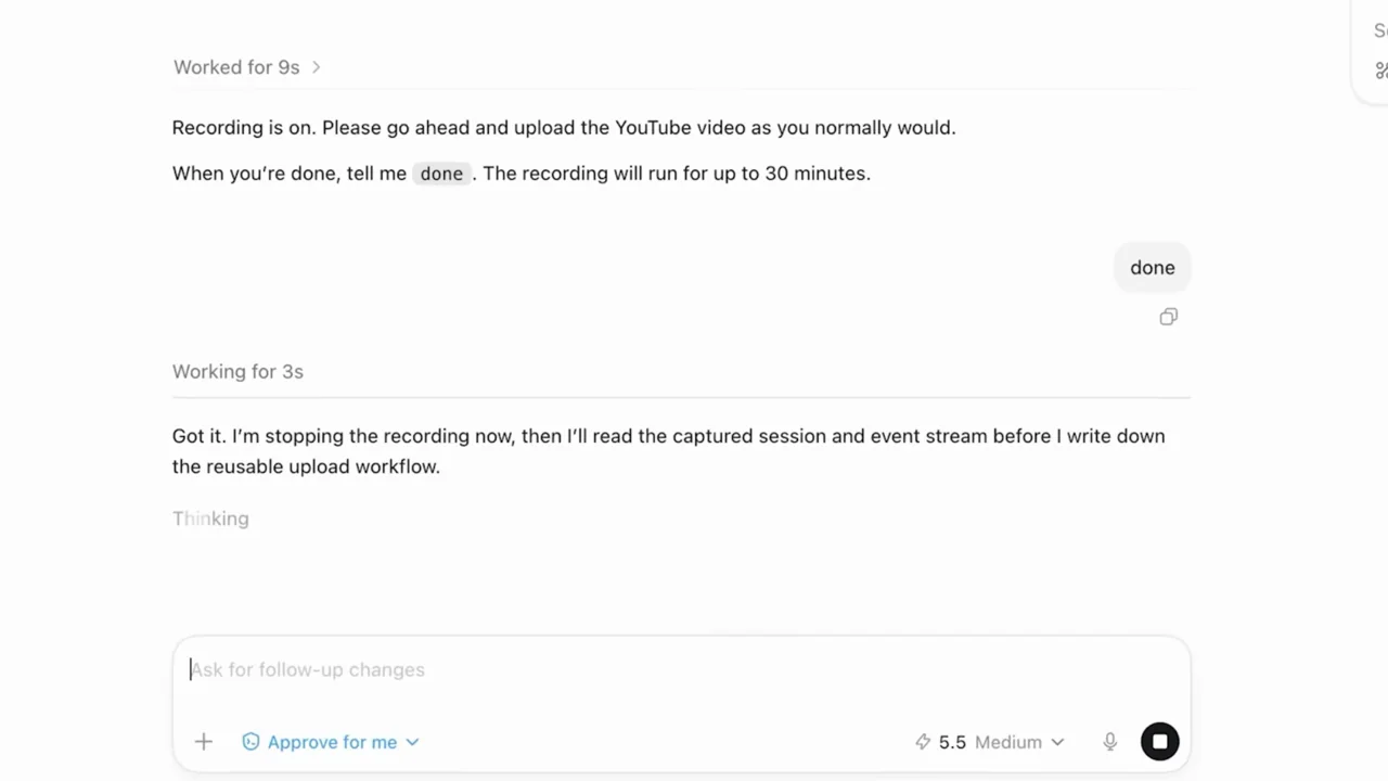 The conversation shows a done message and recording-processing status.