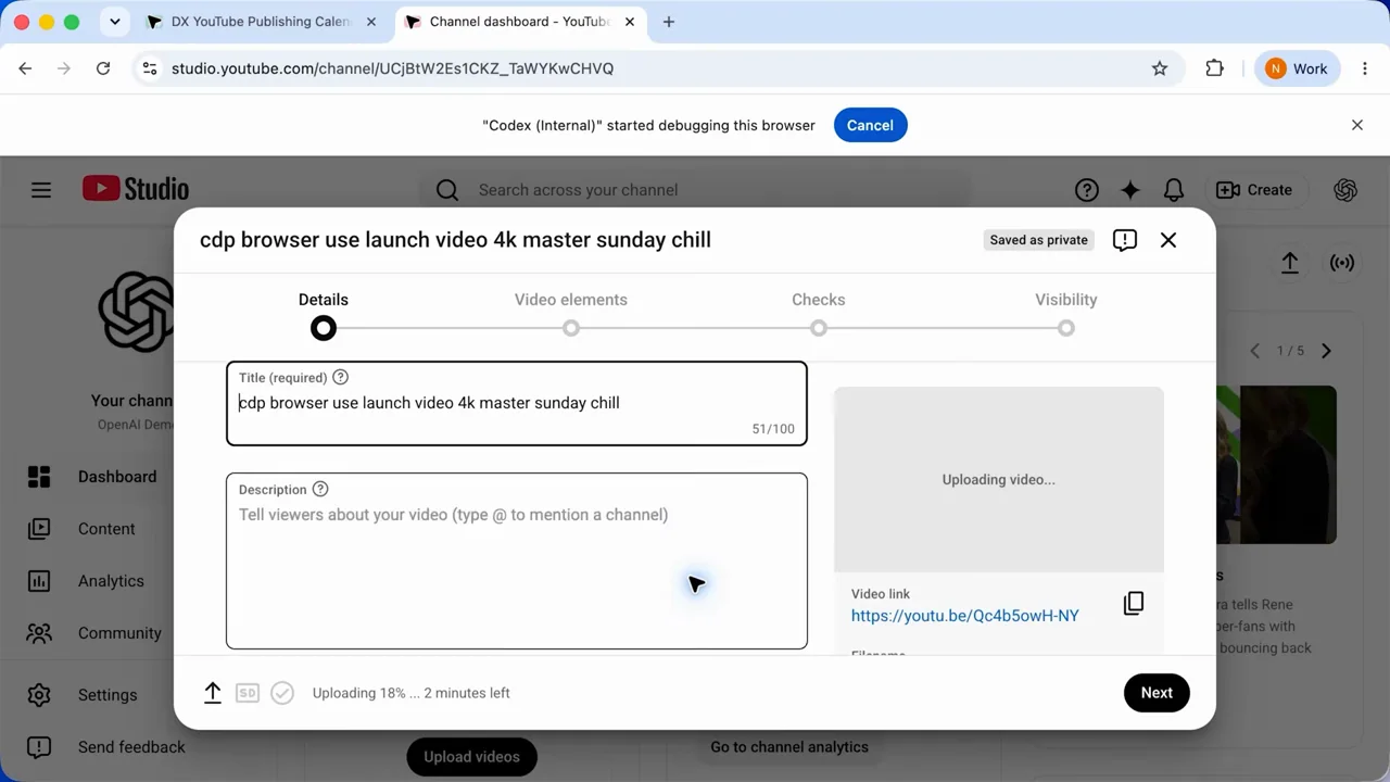 The browser opens the next file and reaches the upload details dialog.