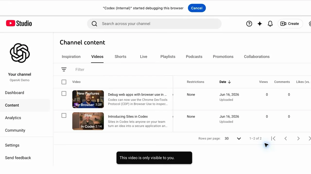 The content list shows the uploaded video and a visibility notice.