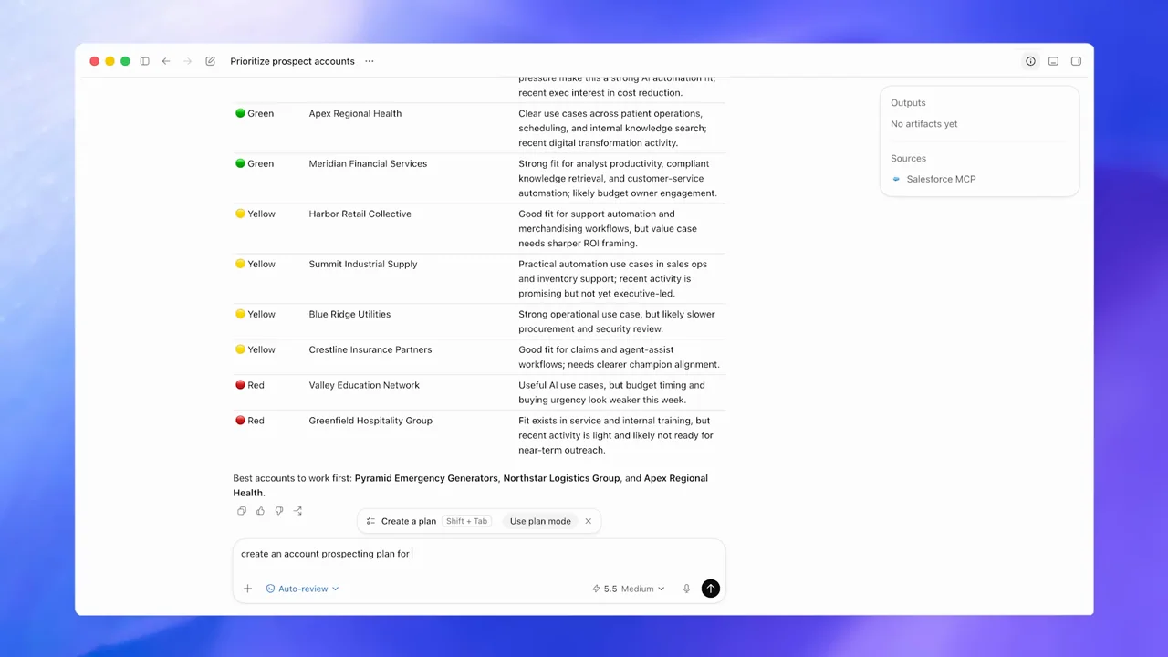 A follow-up asks for a presentation about selected accounts.