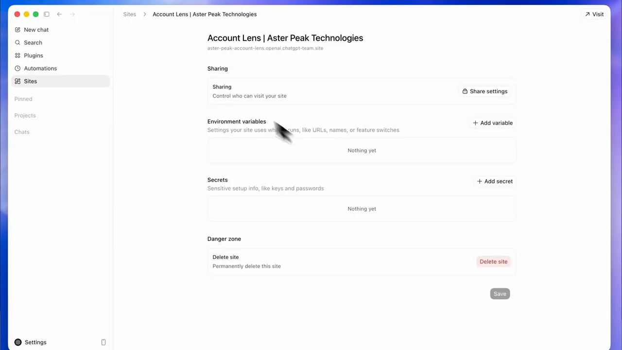 A site's settings expose sharing, secrets, and environment areas.