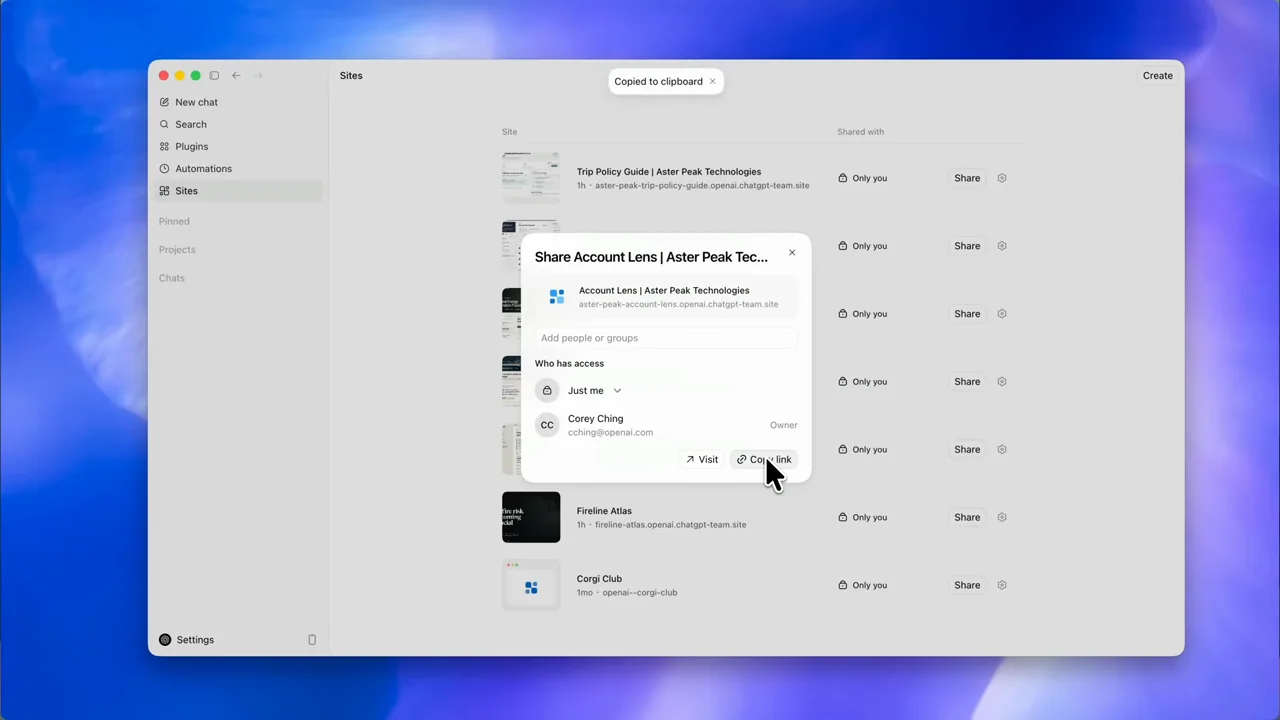 A share dialog appears over the site list.