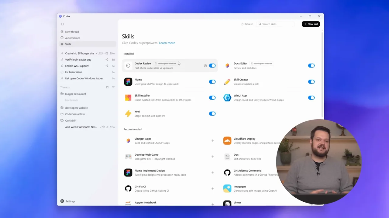 A skills catalog leads to a picker in the composer.