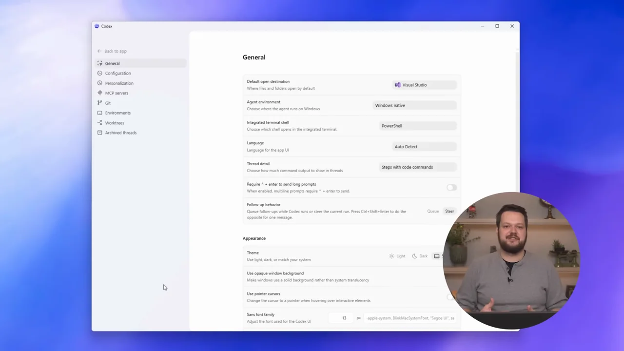 The demo moves from the task window into general settings.