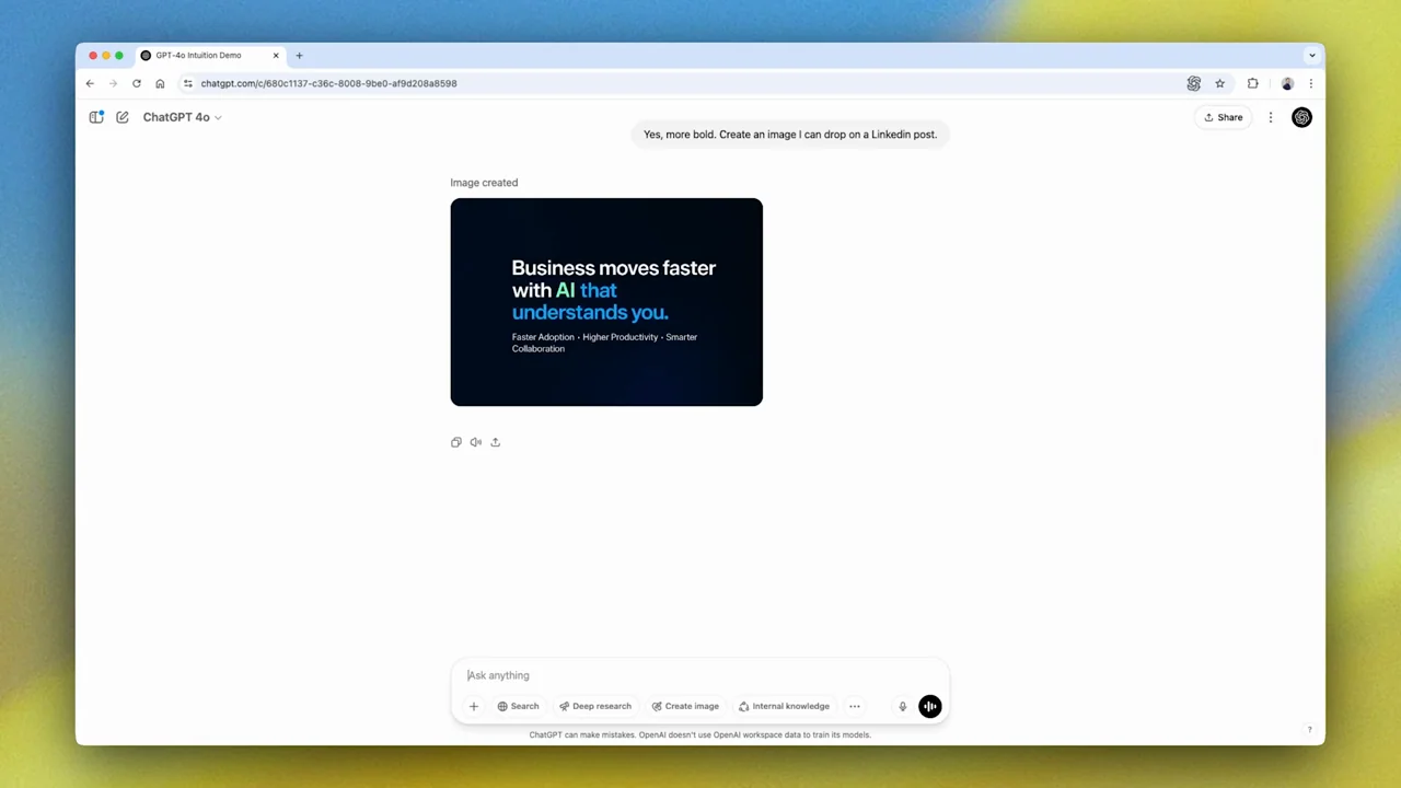A small dark image card appears within the same writing conversation.