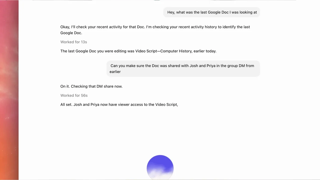 The conversation displays source-related progress and a sharing confirmation.
