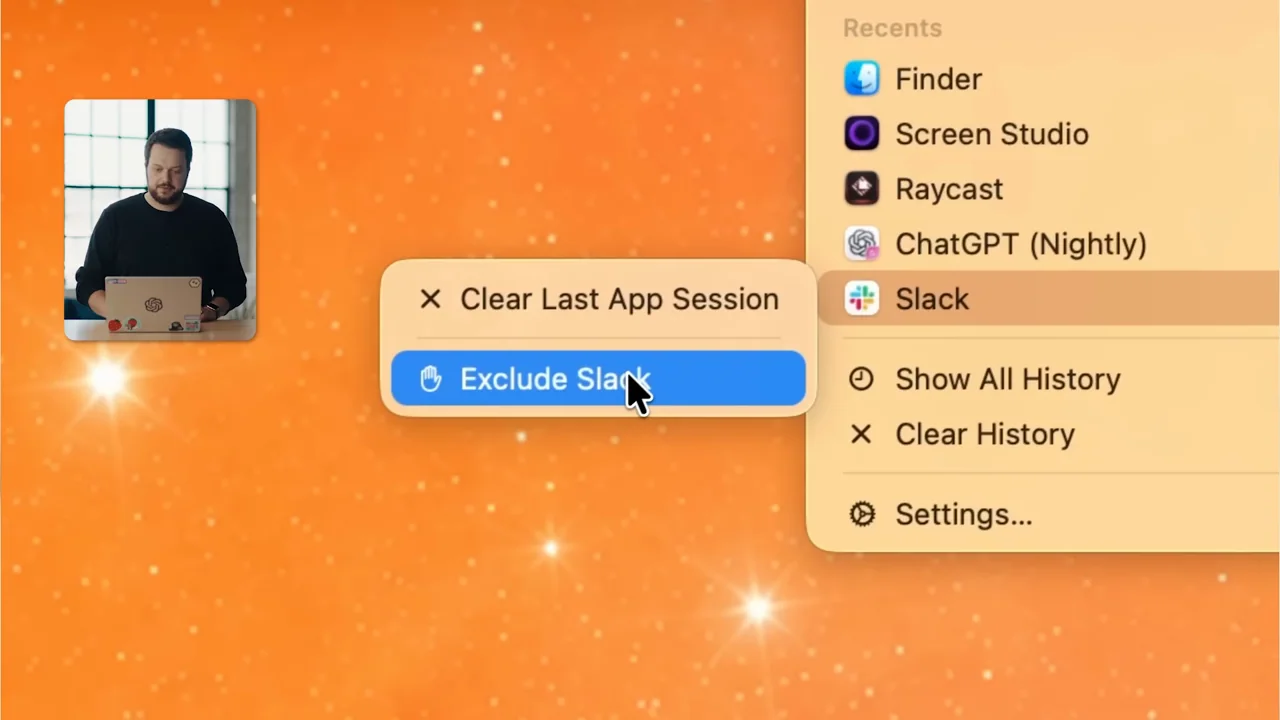 A menu lists recent apps and opens an app-exclusion action.