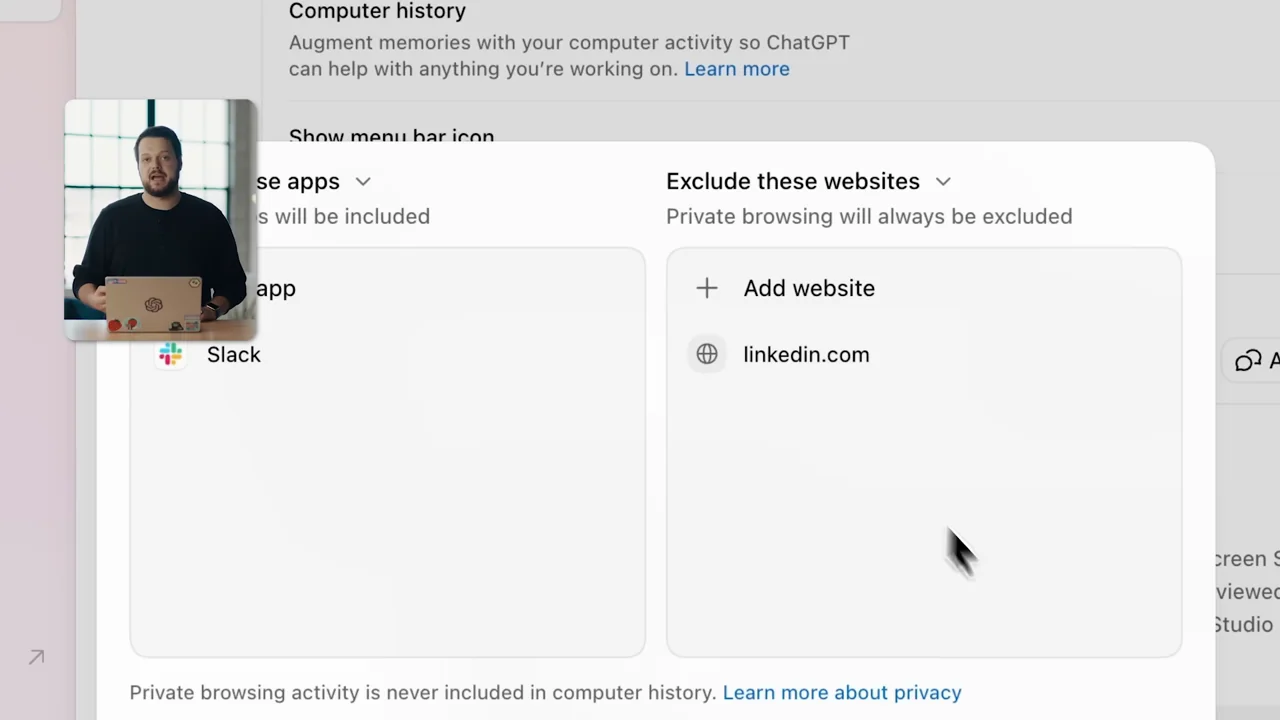 A settings panel shows excluded apps and an excluded website.