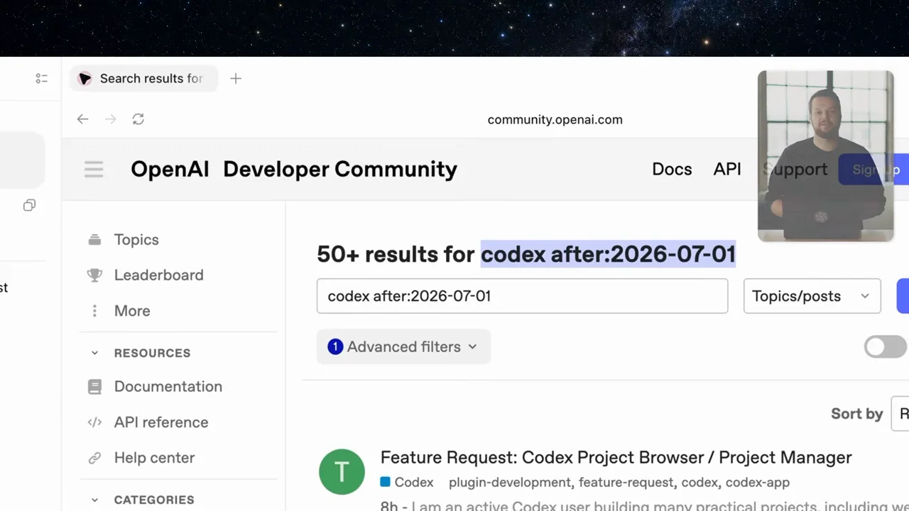 A browser output opens a community search-results page.