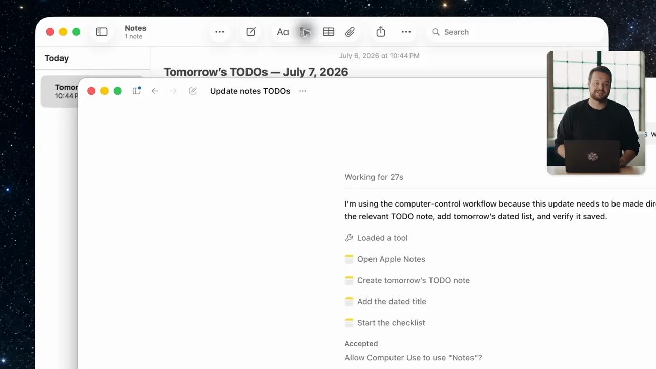 The task shows a permission question with the Notes window behind it.