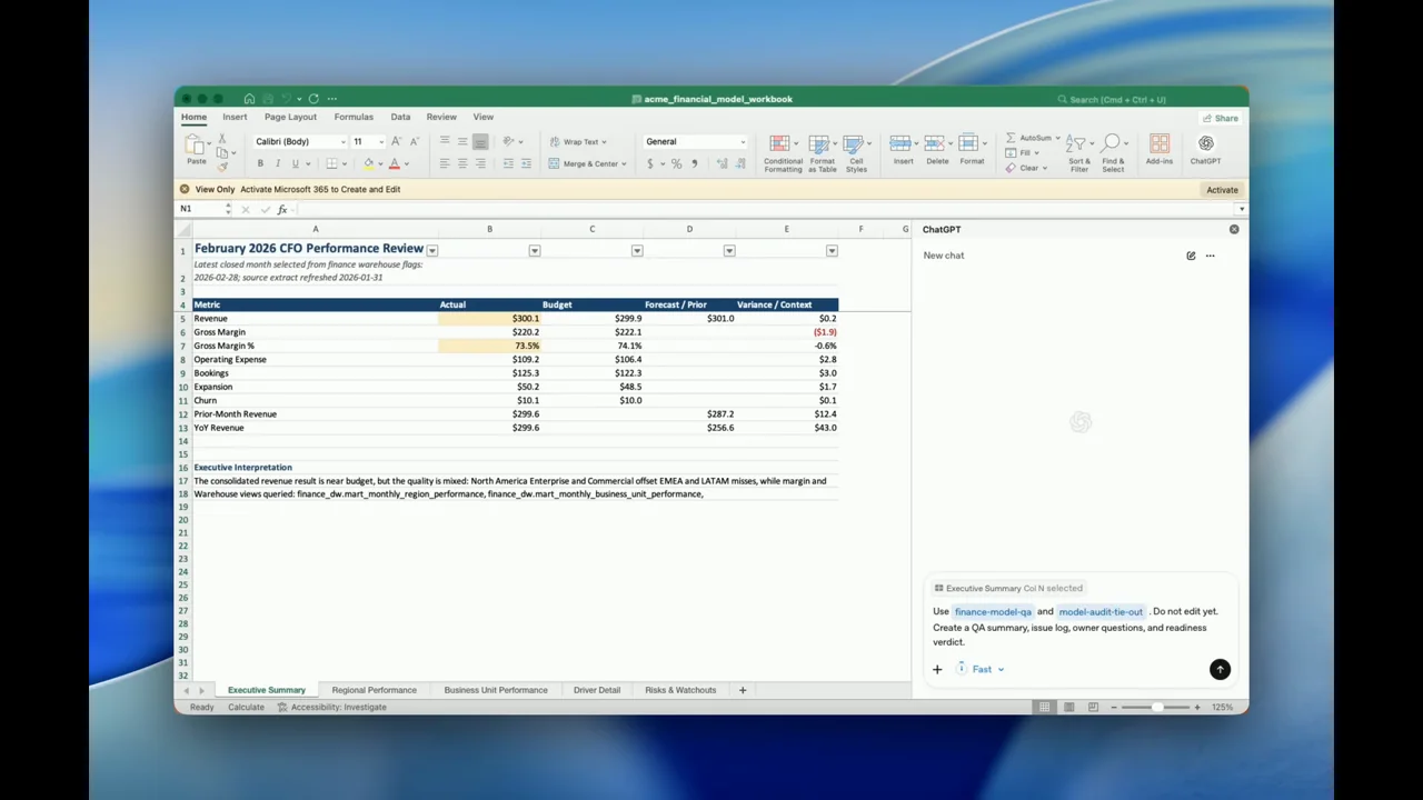 An Excel model remains visible while the sidebar processes the task.