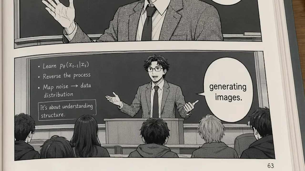Clothing graphics, comic pages, and people imagery appear.