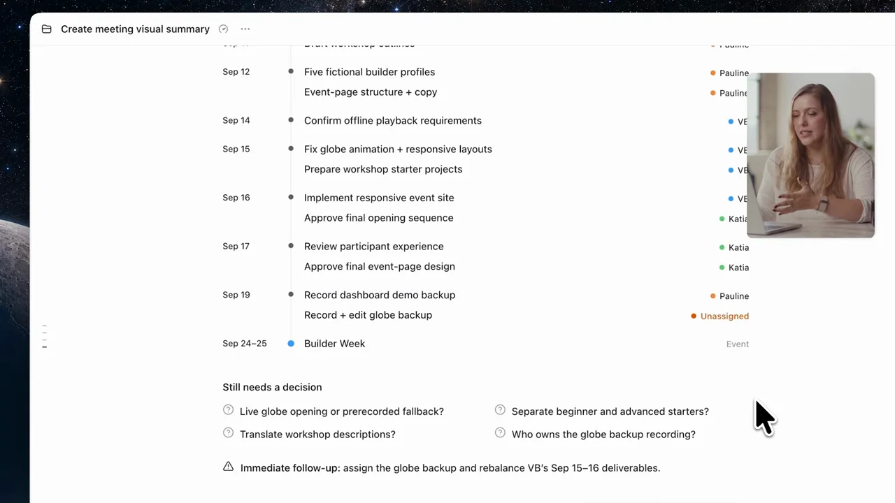 The visual scrolls through dated actions and unresolved decisions.