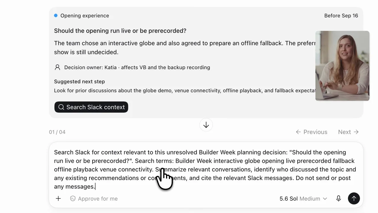 The card's search action becomes a contextual request in the composer.
