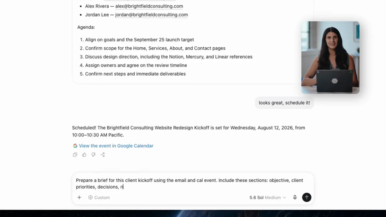 A follow-up asks for a structured brief using the thread and event.