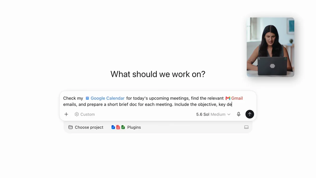 A prompt asks for meeting briefs using calendar and mail sources.