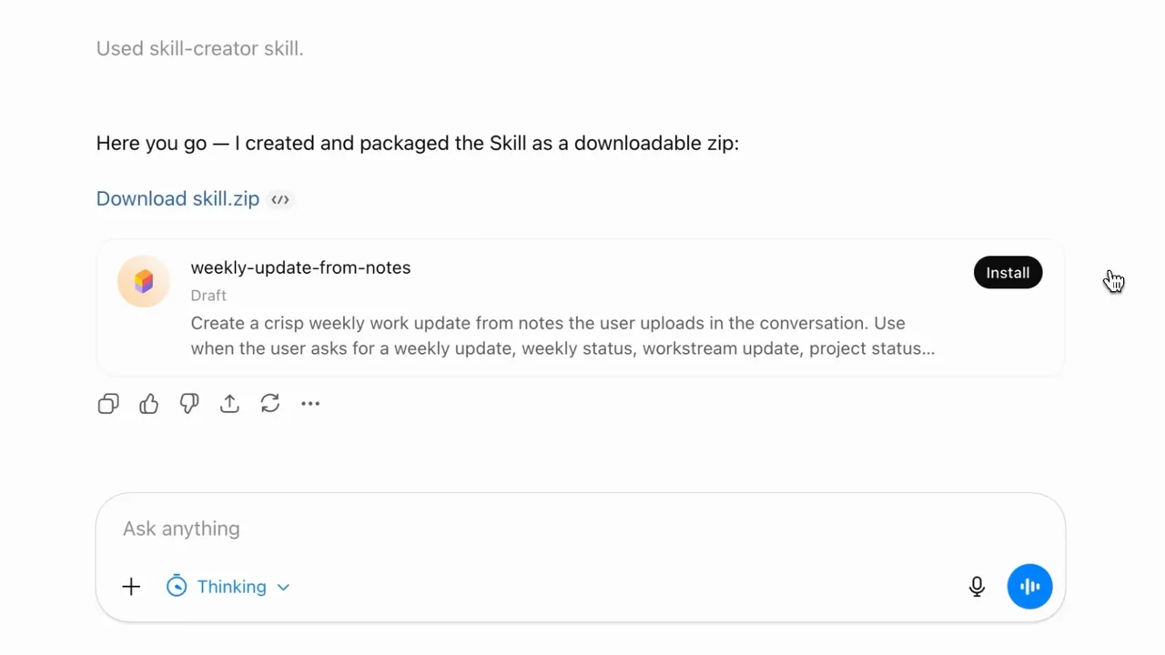 The response reveals a skill card and Install control.