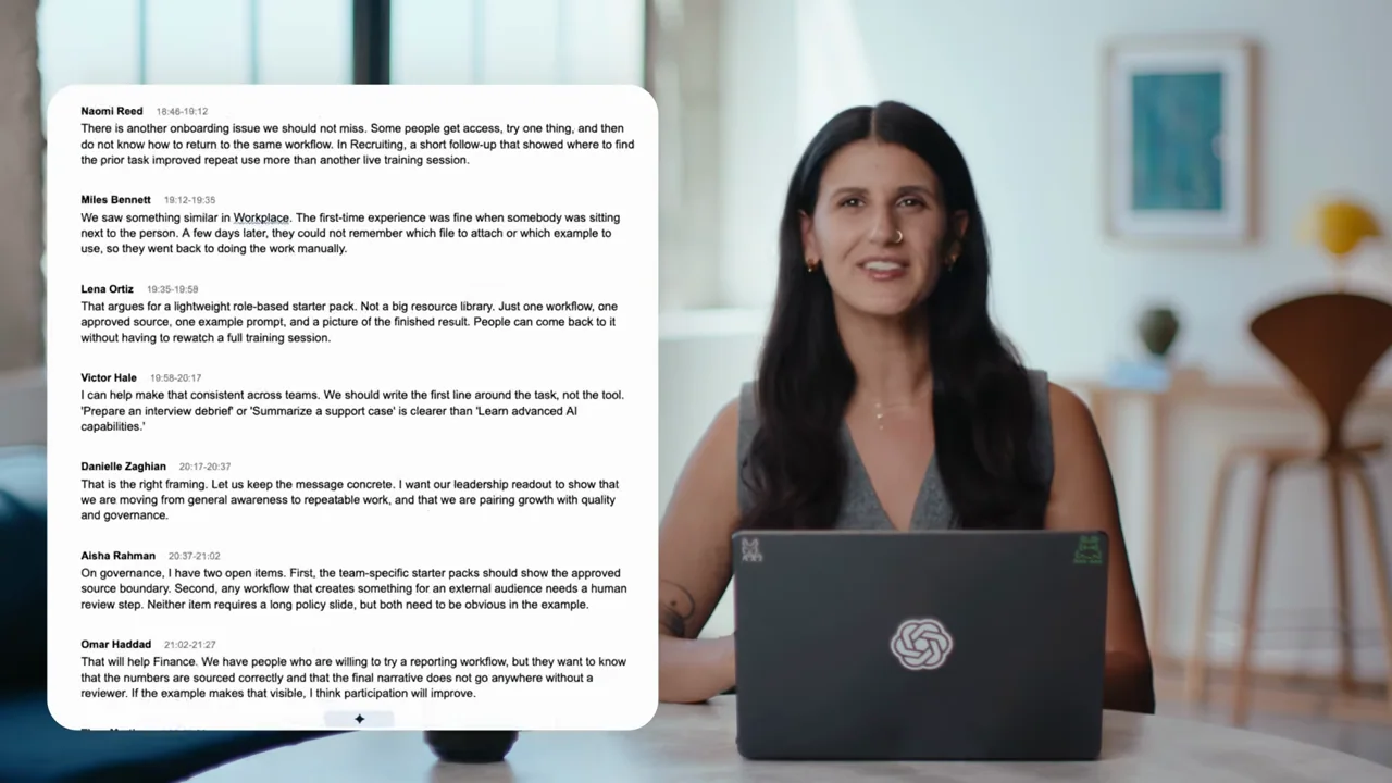 A text-document excerpt overlays the presenter.