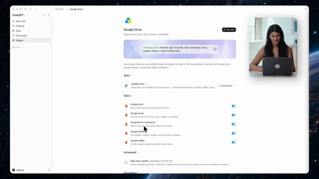 A connection dialog leads to the integration's configured details.