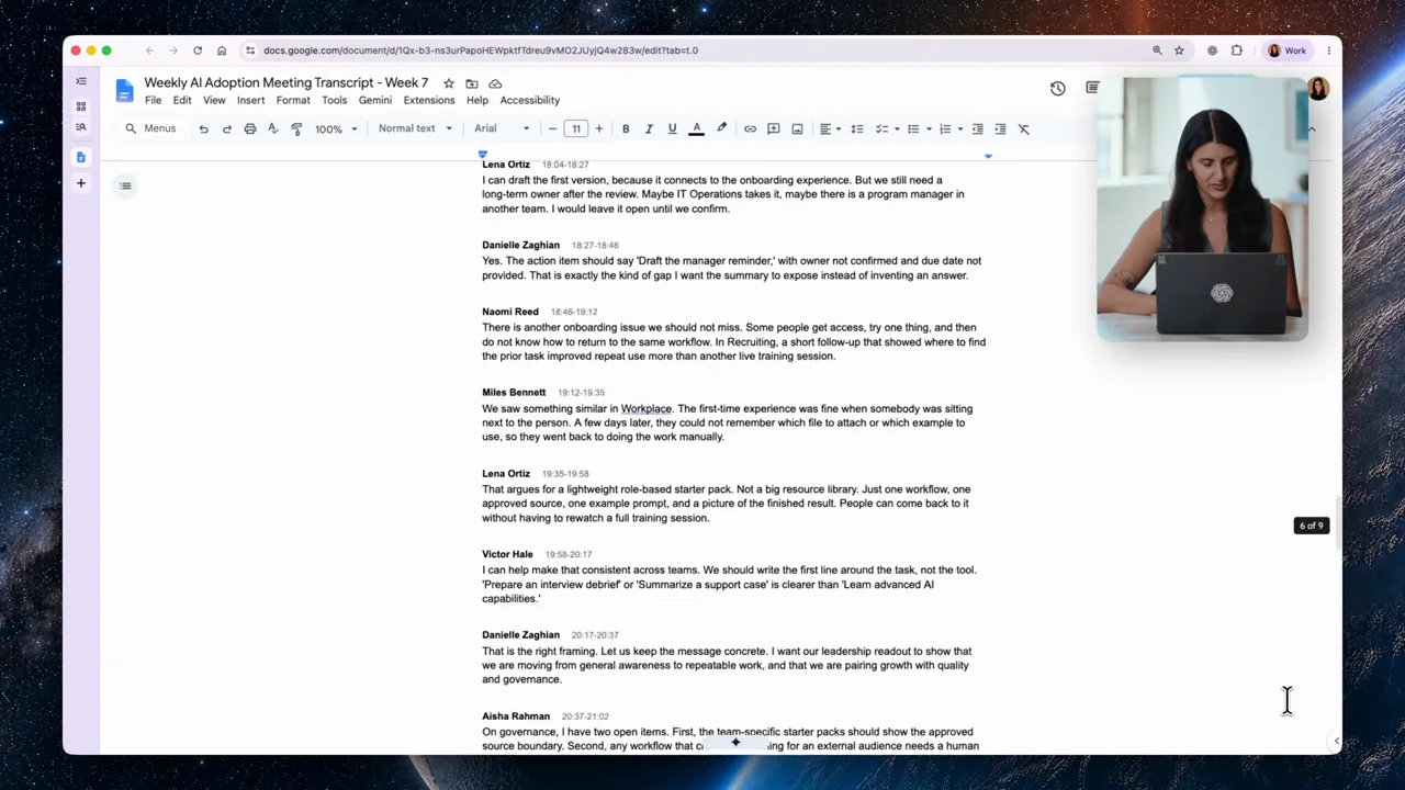 A transcript is opened in Google Docs and scrolled.