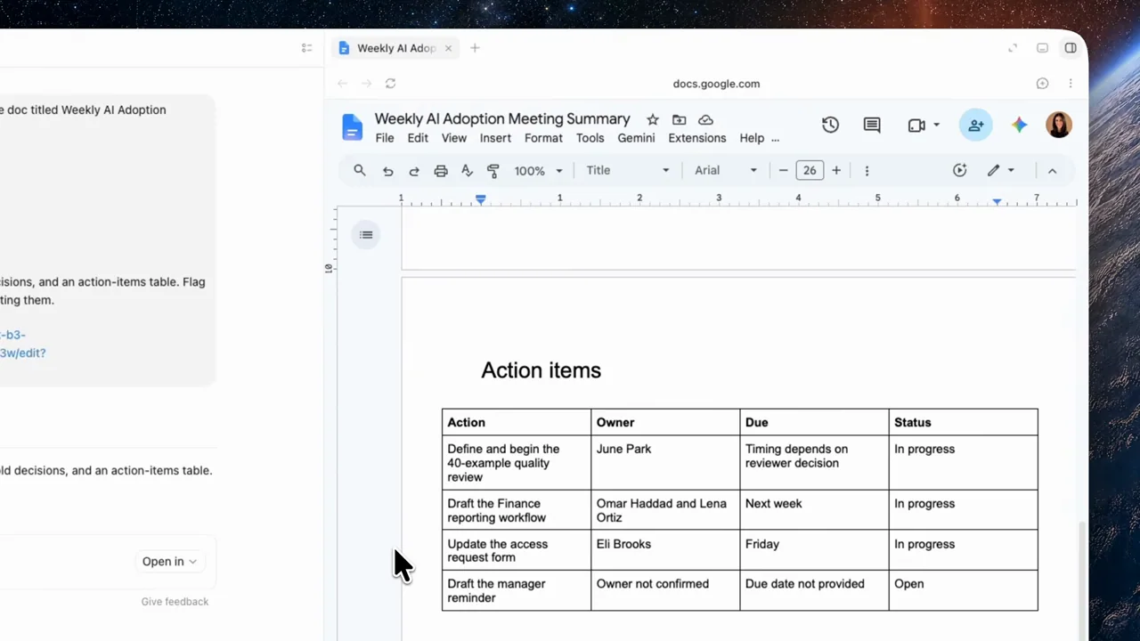 The document scrolls to a table of actions, owners, and dates.