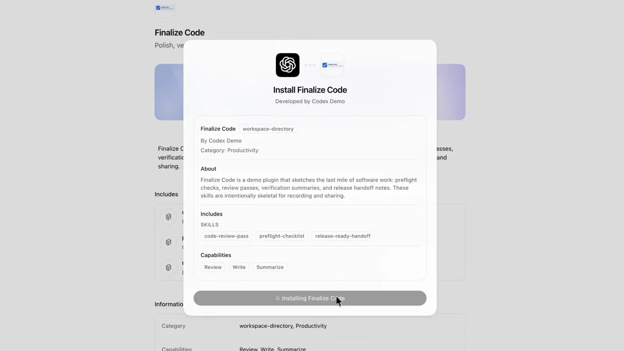 A catalog detail page leads to an installation dialog.